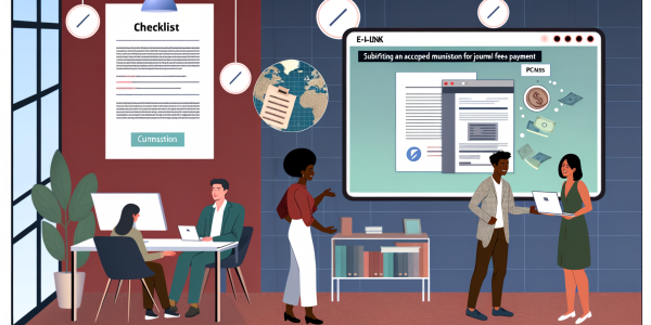 Illustration depicting the process of obtaining PCard approval for journal fees, featuring a diverse group of researchers using a digital submission interface