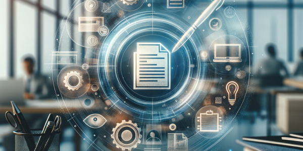 Conceptual image representing research document registration, featuring abstract elements like documents, digital connections, and academic symbols